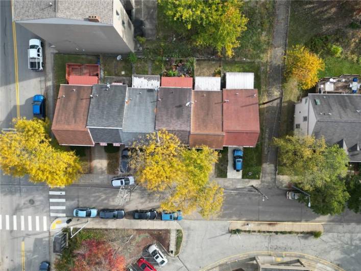 Aerial view of townhouse, third from right.