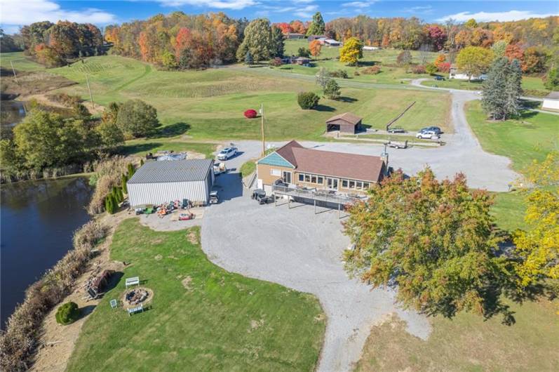 Arial view of lodge and cart barn