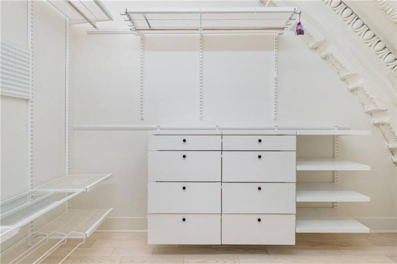 Walk in closet with built-in dresser