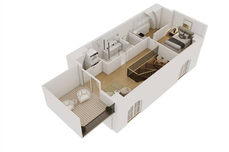 Second floor 3D floor plan with bedroom wall