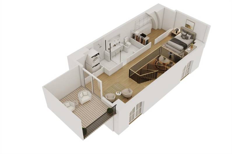 Second floor 3D floor plan with bedroom wall removed