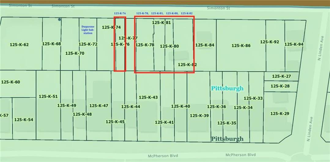 5 LOTS, 6718, 6724, 6726, 6728, 6730 Simonton (125-K-76, 125-K-78, 125-K-81, 125-K-80, 125-K-82), 4 lots are contiguous, Between Linden and Washington Blvd