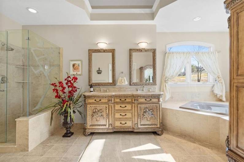 The luxurious first floor owner suite bath is enhanced by a beautiful double sink vanity, gas fireplace, relaxing whirlpool tub, private water closet, glass enclosed tile shower.