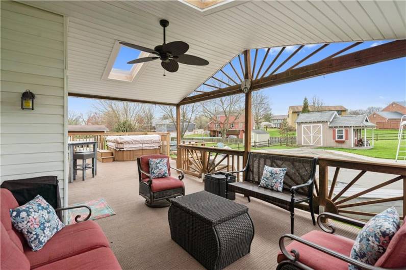 Huge deck partially covered with skylights & ceiling fan
