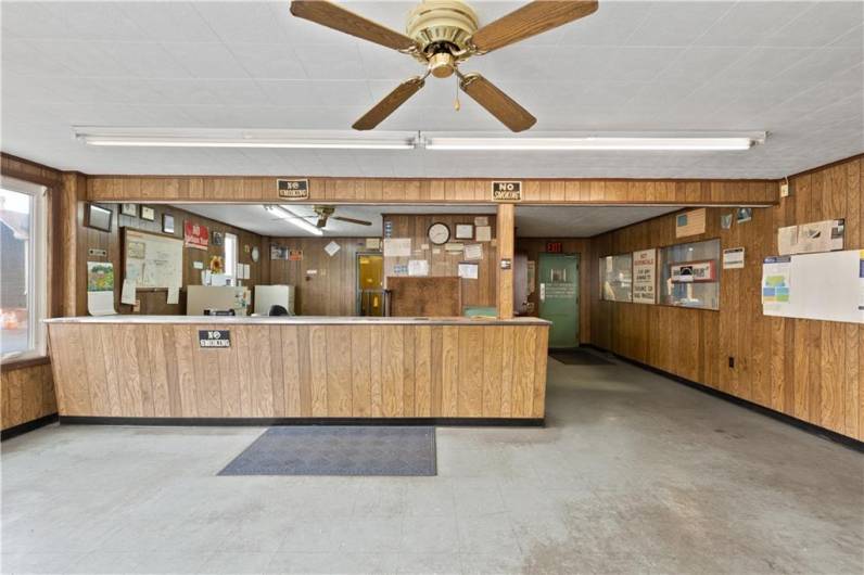 View from Customer entrance. Tthe lobby and office space are serviced with Forced Air Heat and Central Air Conditioning (new).