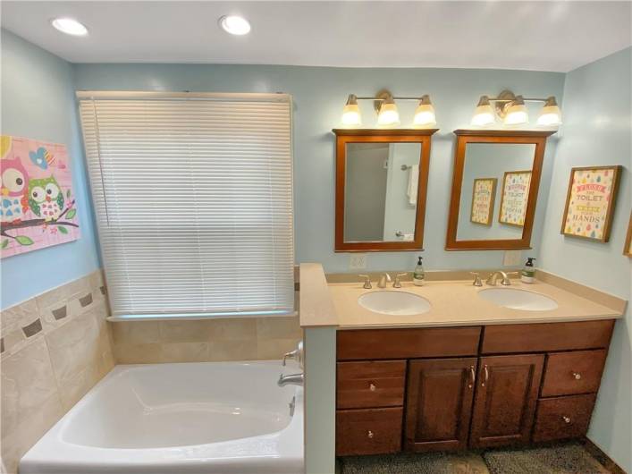 An updated and spacious main bath has a double bowl vanity sink.