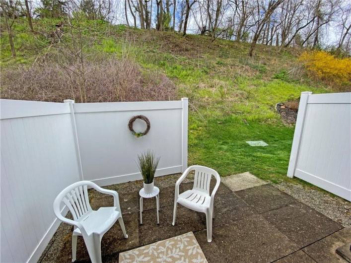 Rear patio has a wooded view and vinyl fencing for added privacy.