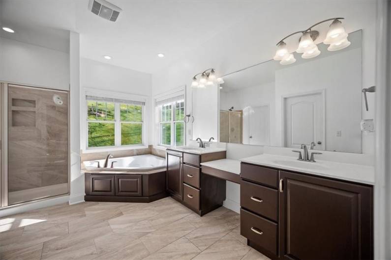 Master bathroom with large tub, walk in shower, toilet room, and double vanity.