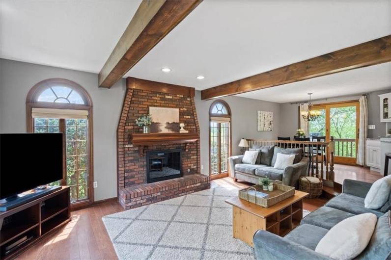 Family room with exposed wood beams!