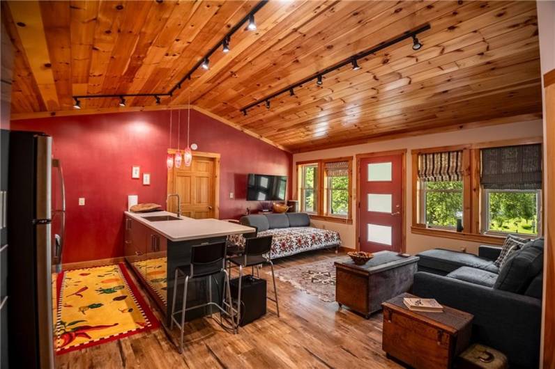 Living Room and Kitchen, all Led lighting, beautiful wood ceilings
