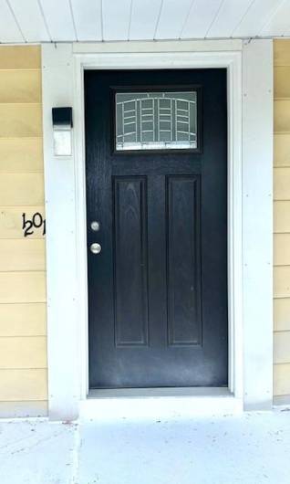 Front door with modern porch light.