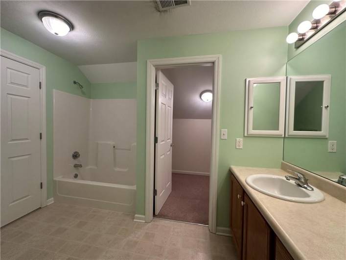 2nd Floor Owner's Suite Bathroom has tub/shower, large oak vanity, walk-in closet, plus double closet.