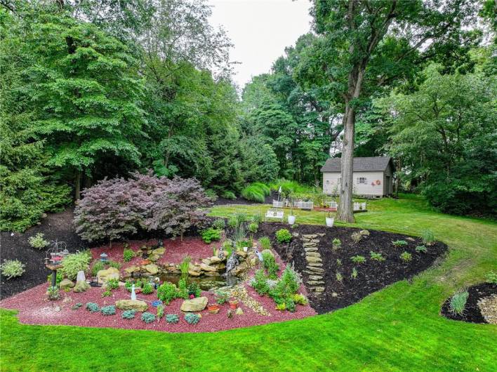 Water fall, butterfly garden and shed in rear of yard