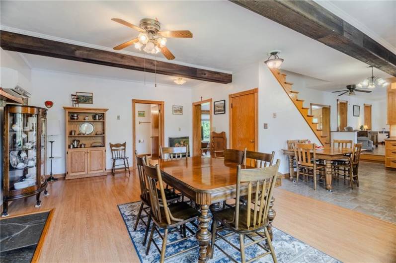 Main level Dining room - HUGE, wood beams and fireplace