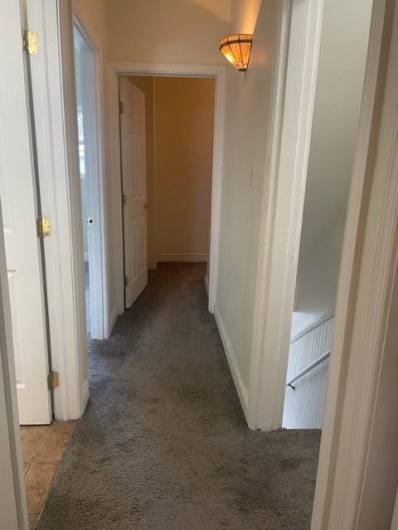 Hallway from kitchen to bathroom, living room/flex space, stairs to downstairs bedroom and outdoor back deck.  The end of the hall is the entrance to the steps to the upstairs bedroom.