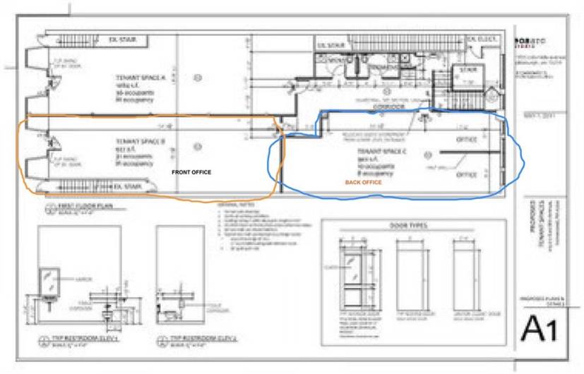 Blue highlight is back office accessible through E 7th Ave only / Orange is front office accessible from E 8th Ave and E 7th Ave