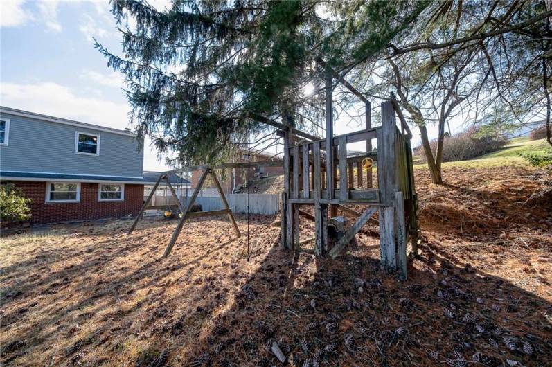 BACK YARD WITH MATURE PINE TREE, FOR YEAR ROUND COLOR.