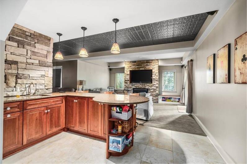 Wet bar area in lower level.