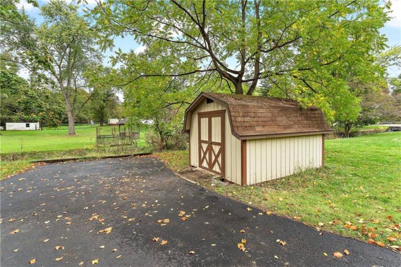 A large shed to store gardening equipment and outdoor furniture.