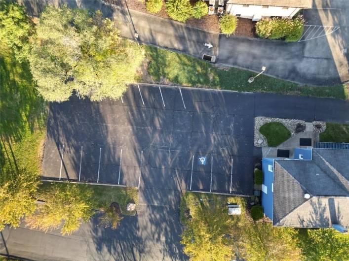 An overhead view of the building and parking lot.