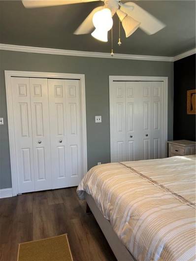 Master bedroom with laminate flooring and double closets