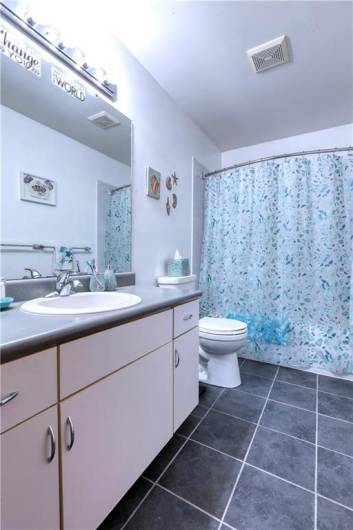 A cheery main bath with Bathfitter tub/shower unit (2018) and waterproof Dupont flooring.