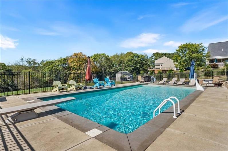 Large in ground pool with diving board/waterfall