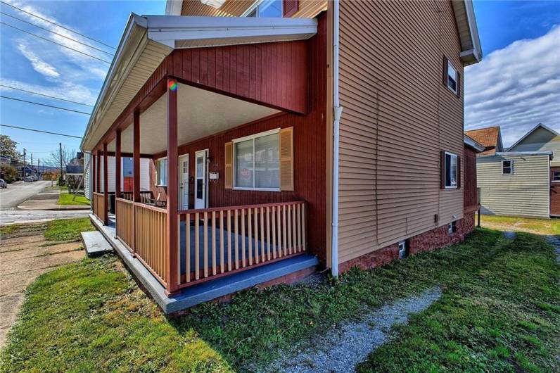 A view of the porch on the front of the building.