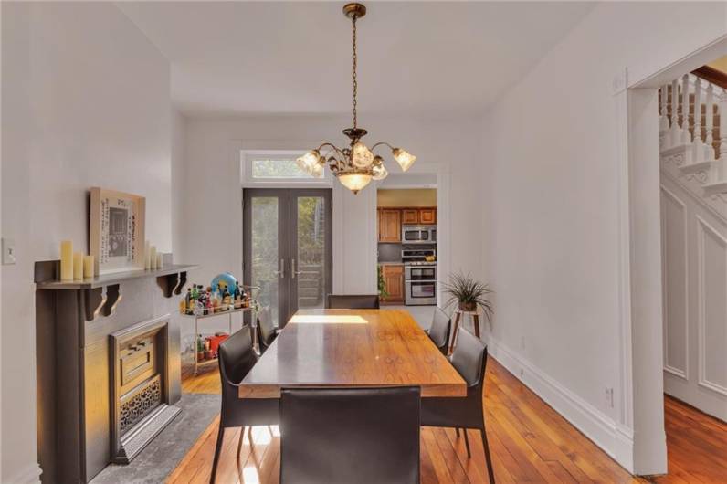 Dining Room-Elegant french doors with transom