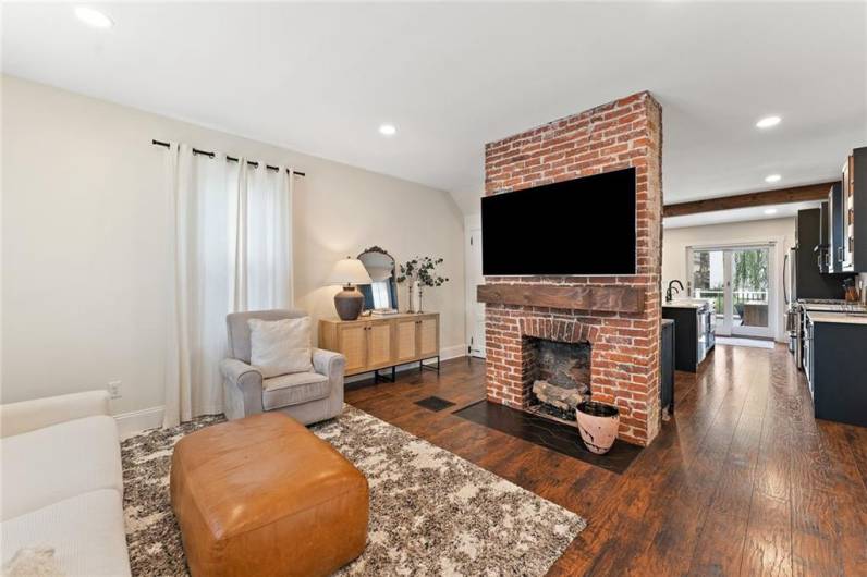 Living room with exposed brick