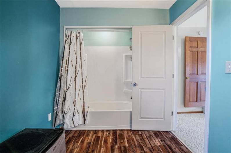 This upstairs bathroom features a sleek bathtub with a full shower surround, accented by a tranquil blue wall color. Natural light enhances the room, creating a refreshing space.