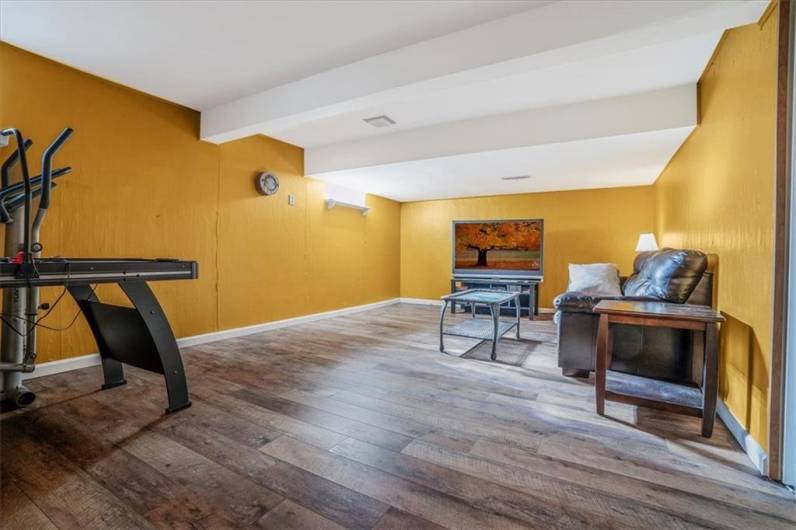 Spacious game room in the basement, perfect for entertainment and relaxation. Features wood-style flooring, a cozy seating area, and plenty of room for activities.