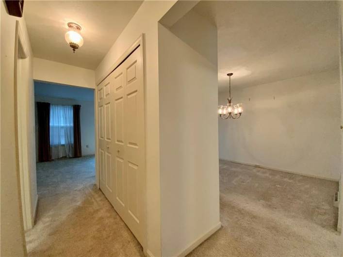 View looking into the dining room and living room.  More closet space!