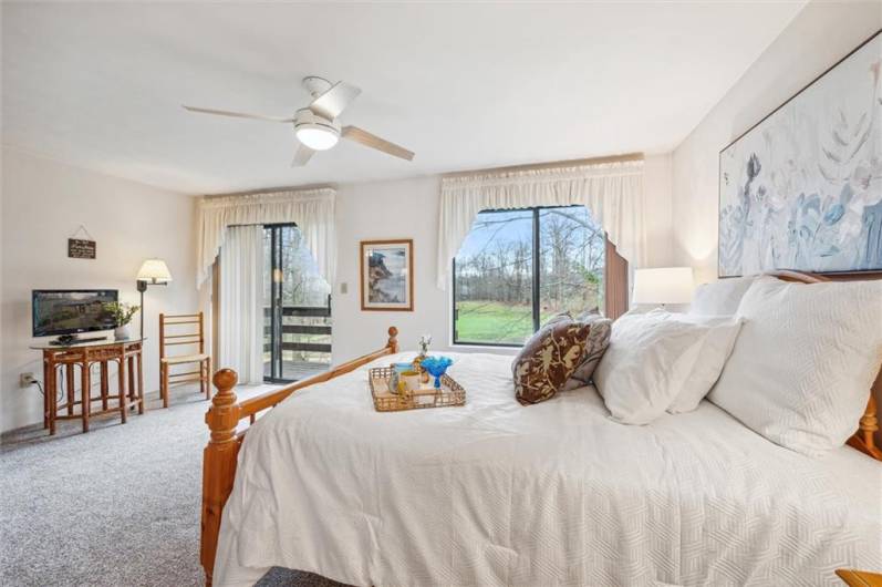 The primary bedroom has new bedding, carpeting, and blinds on the windows.