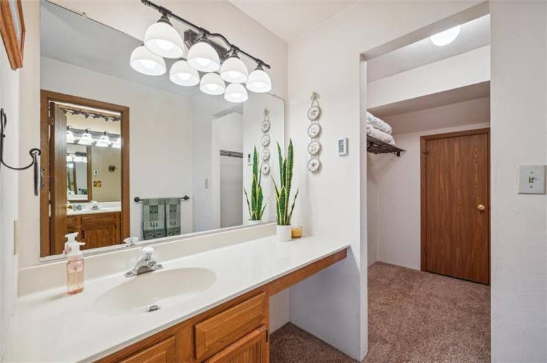 The en suite features two vanities, a dressing area, bathroom, walk-in closet, and storage area. The total space measures approximately 17' x 11'.