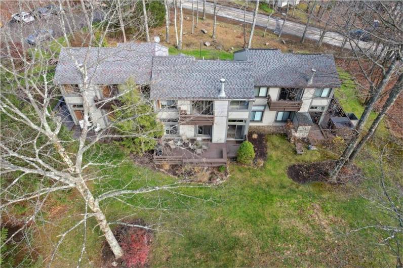 Aerial view of building.