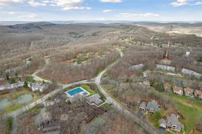 Aerial view shows the South Ridge Pool, Playground, and Pavilion.