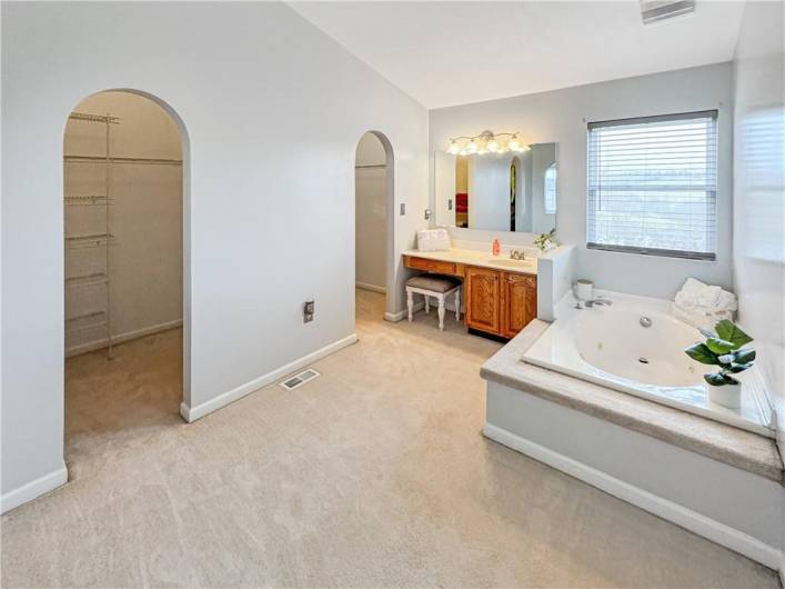 Dressing area with jet tub, vanity sink and two walk-in closets.