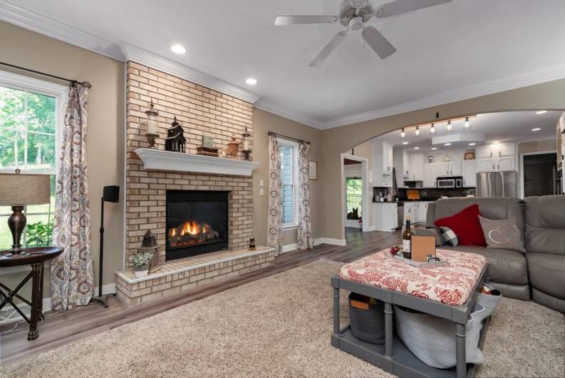 family room with cozy fireplace