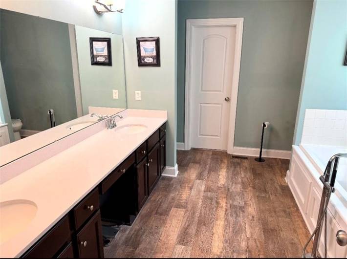 Another View of the Vanity Sinks and Walk-in Closet ahead.