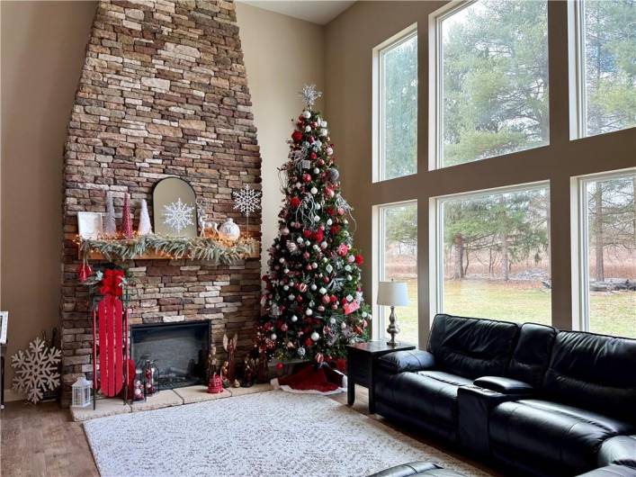 Living Room with Fireplace and Wall of Windows.