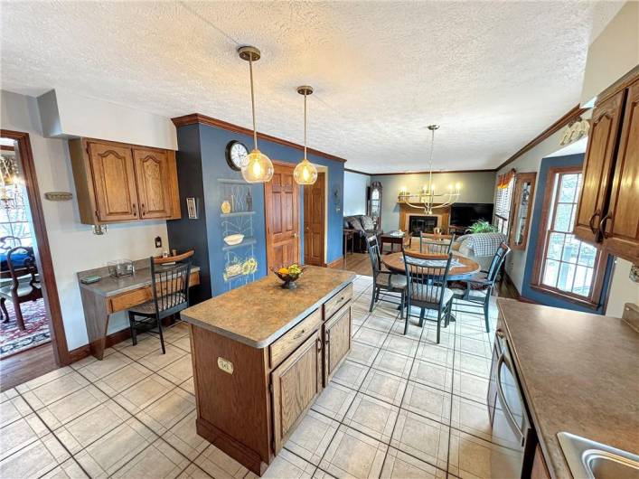 There is a built-in desk and pantry for storage.