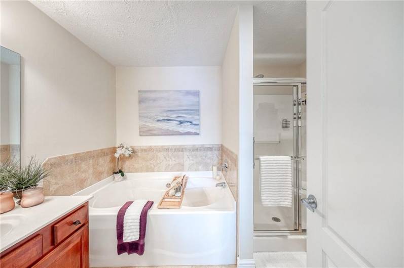 The primary en-suite bathroom boasts a tiles soaking tub, walk-in shower, and solid wood vanity.