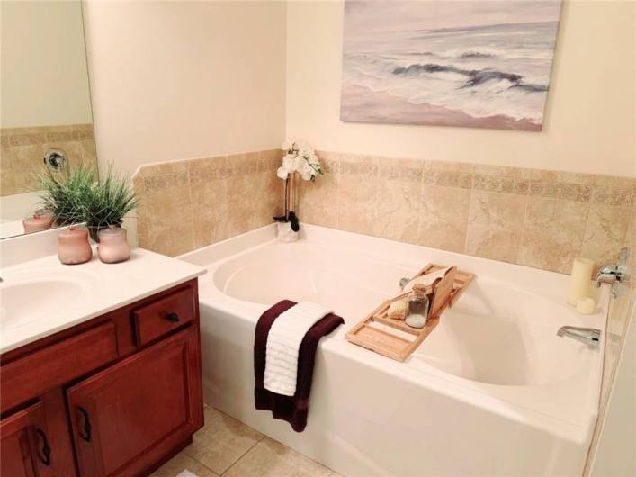 The primary en-suite bathroom boasts a tiles soaking tub, walk-in shower, and solid wood vanity.