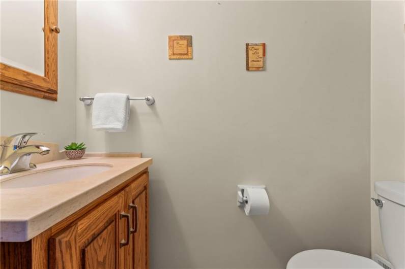 The Powder Room located in the center hall on the main level features rich wood cabinetry, wood medicine cabinet and neutral wall color.