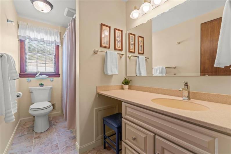 The Main Full Bathroom located on the upper level has a large vanity and large shower plus a linen closet.