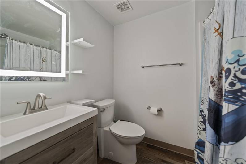 The full bath is updated and features a lux hotel style mirror...