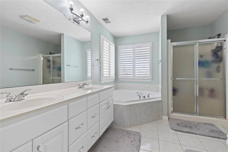 Owner’s suite featuring dual sink vanities, a stand-in shower, and a relaxing soaking tub for your ultimate comfort