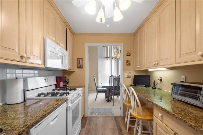 Sharp kitchen with granite counters.