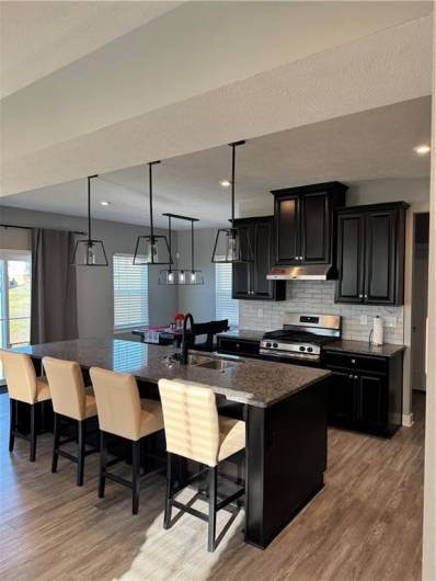 Extensive cabinetry in Kitchen.  Granite countertops w/stools.  Pendant and recessed lights.